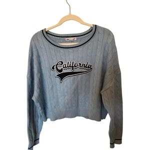 Y2K Charlotte Russe California Cable Knit Cropped Sweater Blue Preppy Graphic XL